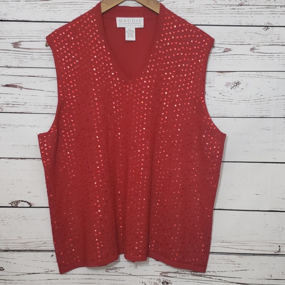 Maggie McNaughton Red Sequin Silk Blend Vest 2X
